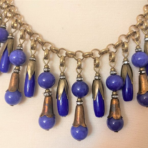 Vintage Antique Brass & Blue Glass & Rhinestone Dangle Necklace - Picture 7 of 9